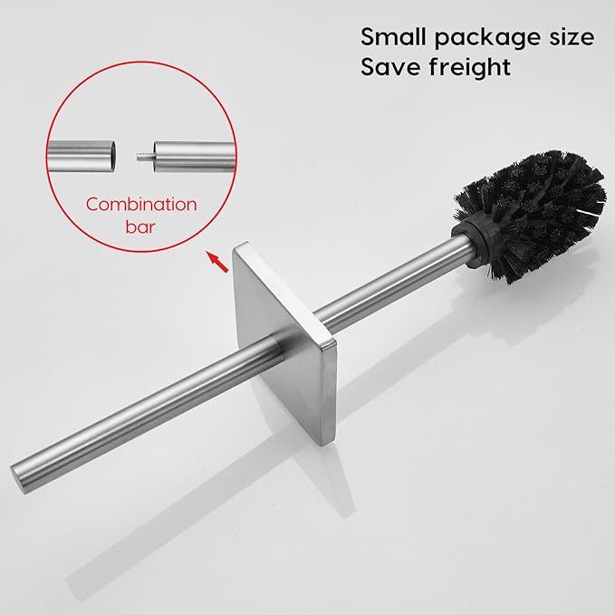 Brushed Gold Stainless Steel Toilet Brush, Square No-Punch Hook Base Toilet Brush Holder Removable Inner Bucket and Splash Proof Cover - Soft Bristles (No Drill Square Metal Cap Brushed)