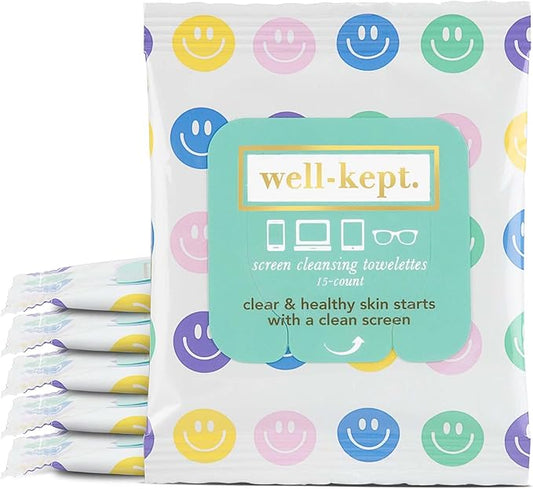 Well-Kept Tech & Lens Wipes - Eyeglass, Screen & Phone Cleaning, Multi-Surface, Lint-Free, Pre Moistened, Streak-Free & Non Scratching - All Smiles, 6 Pack (90 Count)