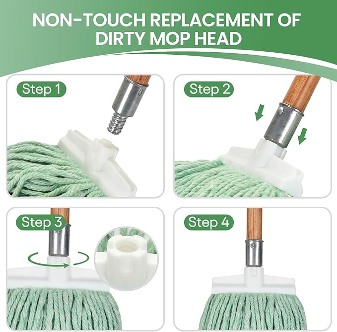 Matthew Cleaning Screw-on Heavy Duty Cotton Wet Mop Replacement Heads(Green, Large,3Pack) with 2 Pack Microfiber Cloth for Residential & Commercial Floor Cleaning Use- Fit Standard American Screw