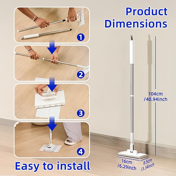 Snap Grip Mini Mop, Zero-Touch Gap Dust Cleaner with 39' Lazy Mop Stick & Locking Head, Disposable Dust Mop for House Wall Bathroom Toilet Corners Multi Surface Cleaning with 5 Cloths