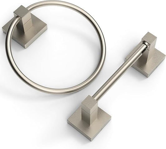 Ruacq Brushed Nickel Toilet Paper Holder Towel Ring Bathroom Accessories Hardware Set Double Post Pivoting Toilet Roll Holder Square Stainless Steel and Zinc Alloy Modern Wall Mounted 2 Pieces