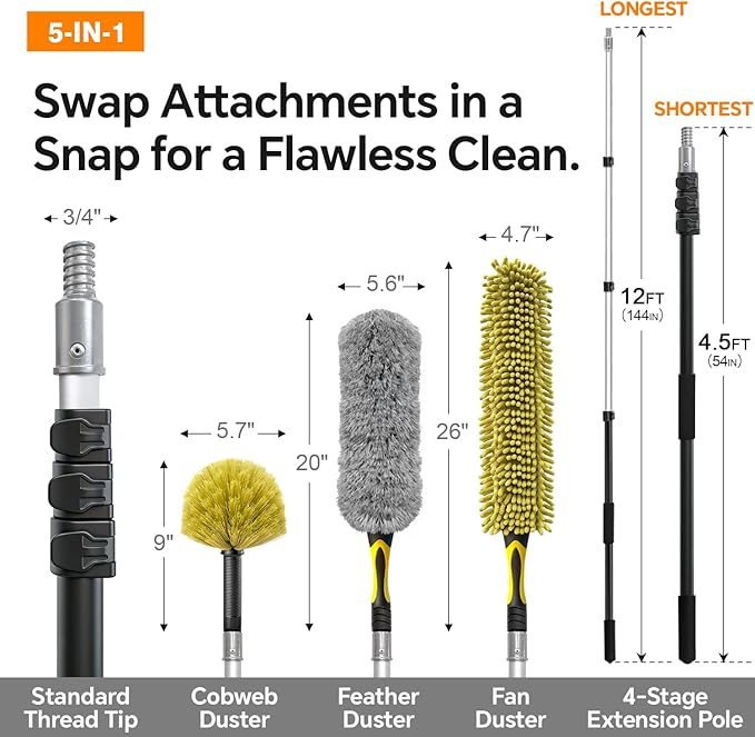 ARTIPOLY 20 Foot Telescoping Extension Pole Kit, 4-in-1 High Reach Duster with Chenille Microfiber Feather & Cobweb Duster Attachments for Ceiling Wall Hard-to-Reach Indoor & Outdoor Cleaning Yellow