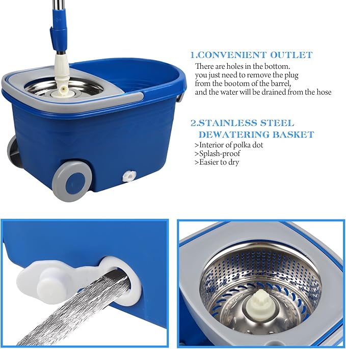 Mop and Bucket with Wringer Set 25QT，Stainless Steel Deluxe 360 Spinning Mop Bucket Floor Cleaning System with 3 Microfiber Replacement Head Refills, 2X Wheel for Home Cleaning with Drain Plug