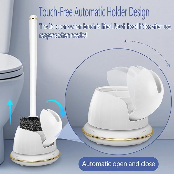 Gold and White Toilet Brush Set with Ergonomic Solid Long Handle, Auto-Opening Base, and Ventilated Base - Great for Bathroom and Toilet Cleaning, White and Gold Bathroom Accessories