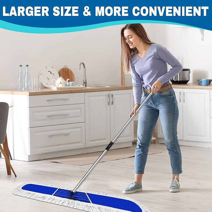 Solipect 48 inch Commercial Dust Mop for Hardwood Floors, Large Size Dry Mop, Reusable Cotton Yarn Head, Telescopic Stainless Steel Handle, Industrial dust mops for Floor Cleaning, Marble, Blue