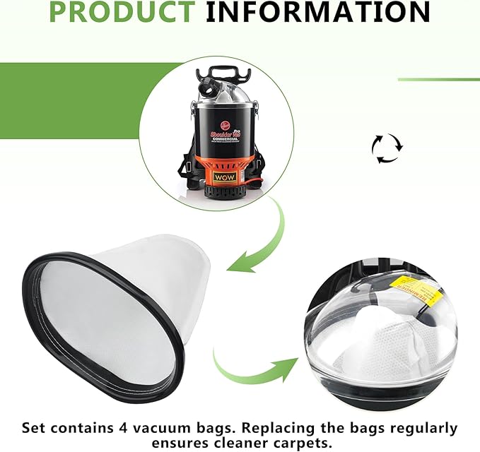 2KE2105000 HEPA Cloth Bag Liner, HEPA Hoover Vacuum Cleaner Cloth Bag Fits for Hoover C2401, C2401010 Shoulder Vac Pro, Royal RY4000, RY4001 Backpack Shoulder Vacuum Cleaner, 4 Pack