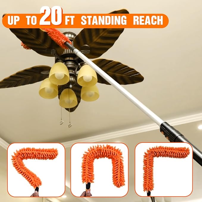 LAANPOLE 20FT Reach Ceiling Fan Cleaner Duster, Fan Blade Cleaner Kit with 3-12FT Extension Pole, Microfiber Duster & Replaceable Cleaning Cloth for Blades, Ceiling, Furniture