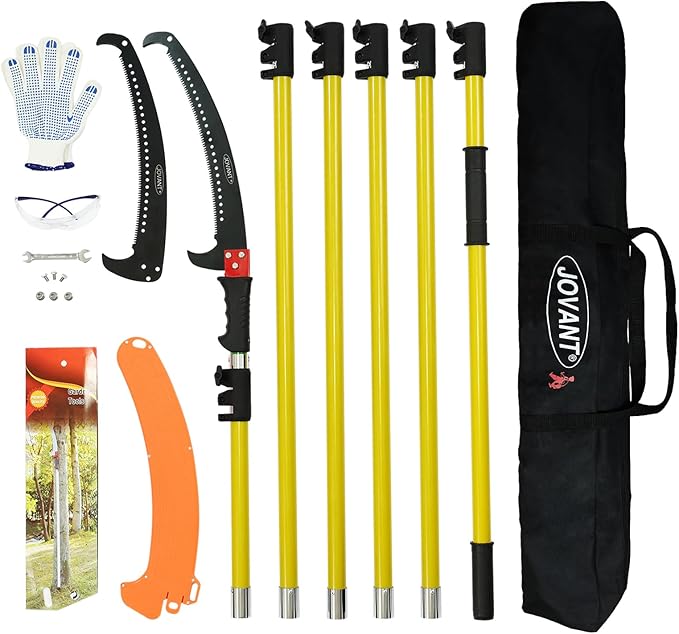 Jovant Manual Pole Saw,6.5-20 ft Extendable Pole with Double Lock Design to Reach up 26 ft for High Branches Trimming,SK5 Sharp Three-Sided Sharpened Edges Blade for Pruning Wild Palm Shrub and Tree