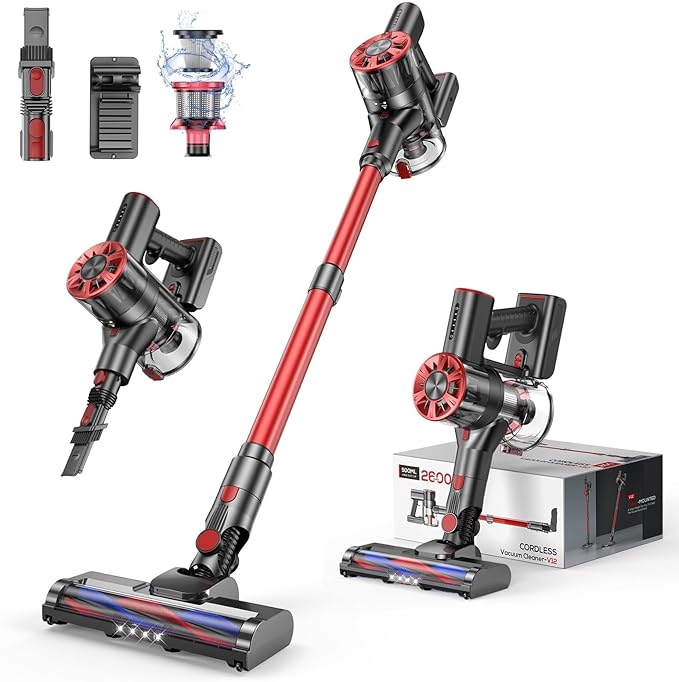Comvtu Cordless Vacuum Cleaner for Home, 80,000PRM Powerful 4 in 1 Lightweight Stick Vacuum with 2 Adjustable Suctions, Max 40 Mins Runtime, 2600mAh Rechargeable Vacuum Cleaners (Red Hibiscus)