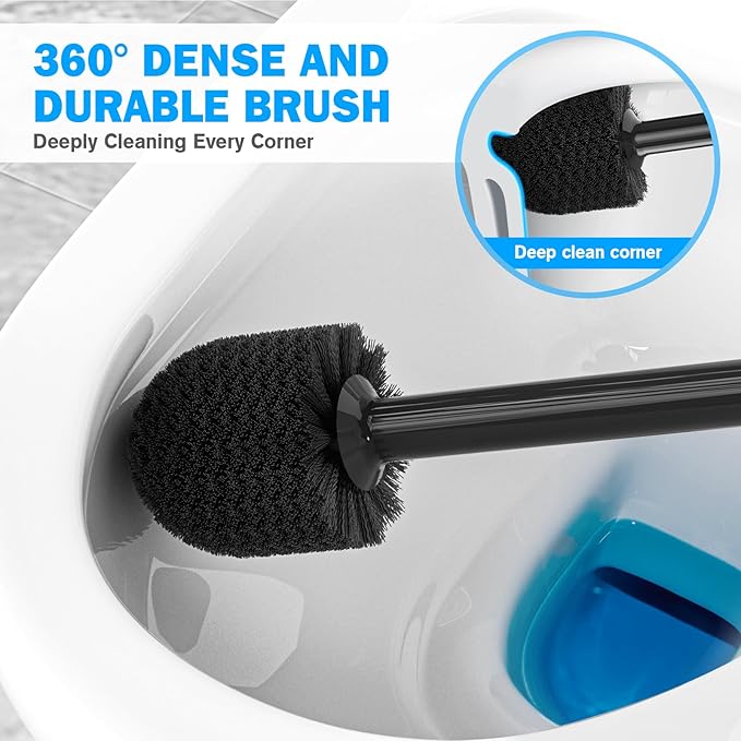 Toilet Plunger and Brush Set, 2 Pack Bowl Brush and Heavy Duty Toilet Plunger with Ventilated Holder, 2-in-1 Toilet Brush and Plunger Combo for 5.3-inch Toilet Drain Bathroom Deeply Cleaning(Black)