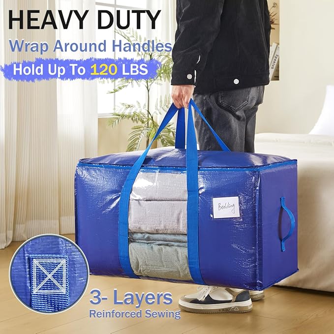 Extra Large Moving Bags, 4 Pack Heavy Duty Packing Bags for Moving, Totes For Storage with Visible Window and Wrap Around Handles, Moving Supplies for Space Saving
