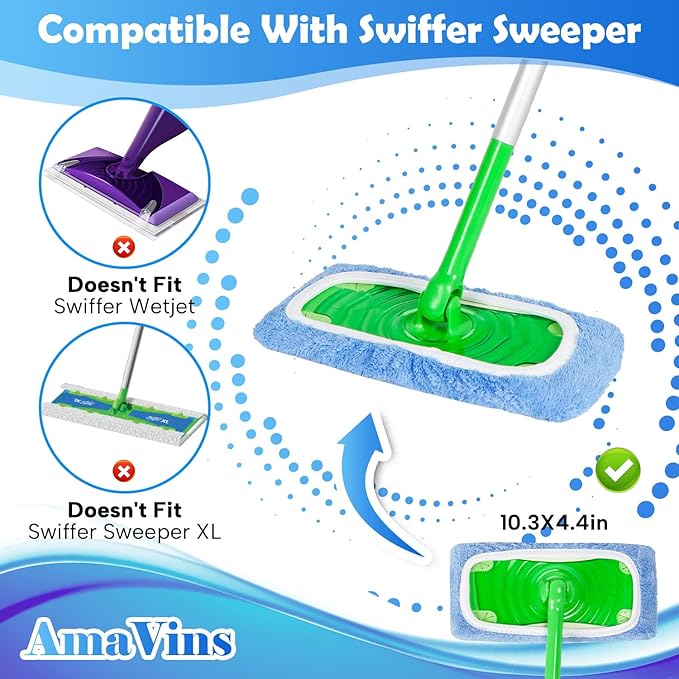 AmaVins 8 Pack Reusable Microfiber Mop Pads Compatible with Swiffer Sweeper Mop, Dry Sweeping Cloths & Wet Mopping Cloths, Washable Mop Pads for Surface/Hardwood Floor Cleaning (Mop is Not Included)