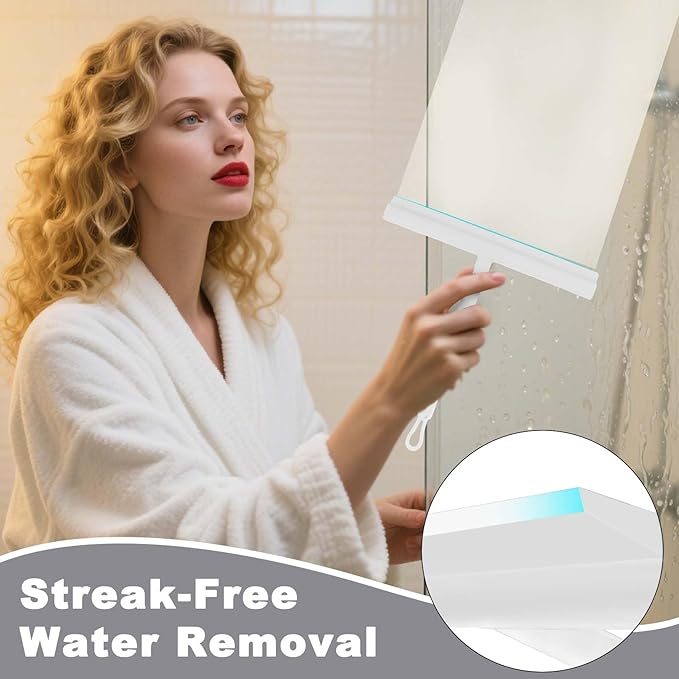 DEOFUXT Squeegee for Shower Glass Doors, Resilient Loop - No-Drill & Adhesive Hook, Silicone Shower Squeegee with Stainless Steel Core, Cleaning Tool for Home, Kitchen, Bathroom & Car - White