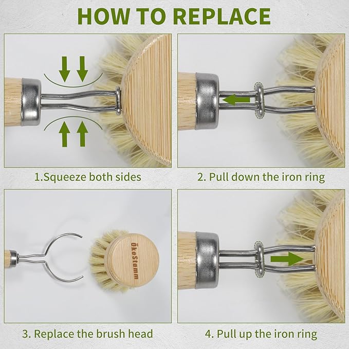 ÖkoStamm Bamboo Dish Brush with Long Handle - Natural Dish Scrubber Brush Set Includes 4 Replacement Brush Heads, Sisal Bristle Bamboo Brush for Dishes, Pans, Pot, Fruit and Veggie