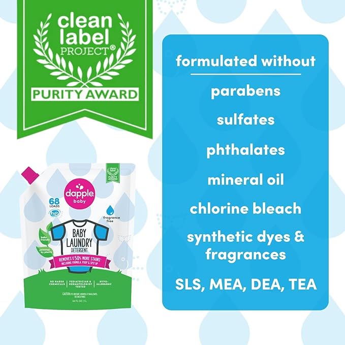 Dapple Baby Laundry Detergent, Powered by Plants, Concentrated, Hypoallergenic, Fragrance Free, Eco-Friendly Pouch, Stain Remover, 34 Fl Oz (2 Pack)