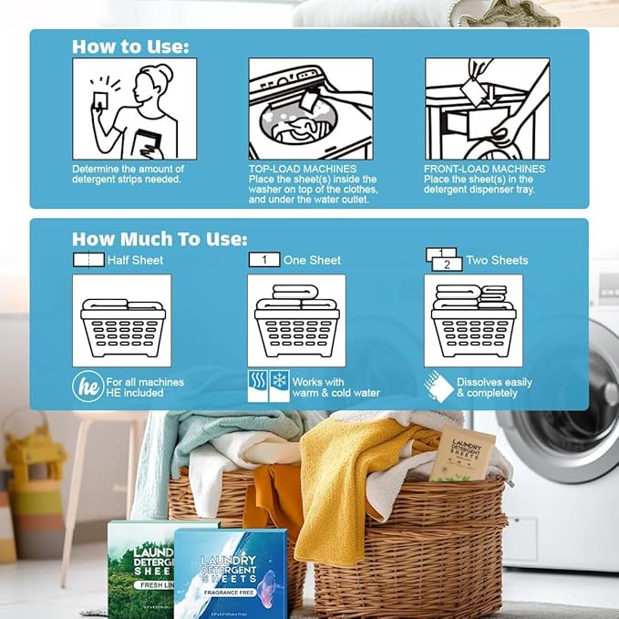 AIDEA Laundry Detergent Sheets, Fresh Linen Scent-(200 Loads) 100 Sheets, Eco-Friendly Laundry Detergent & Natural Ingredients, No Plastic Jug, Lightweight & Easy To Use For Travel, Apartments, Dorms