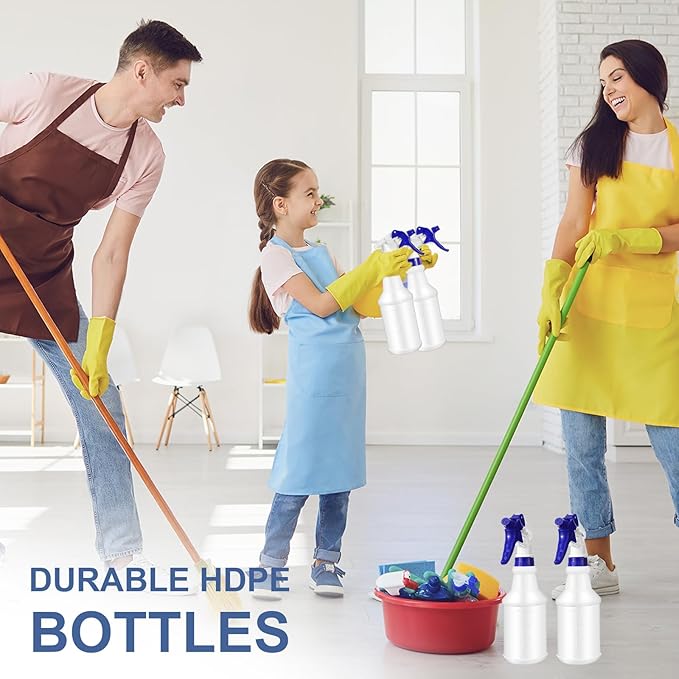 Zubebe 24 Pack 32 oz Plastic Spray Bottle Bulk Empty Leakproof Heavy Duty Spray Bottles for Cleaning Supplies Mist Bottles with Label and Adjustable Nozzle for Plant (Blue,Clear Scale)