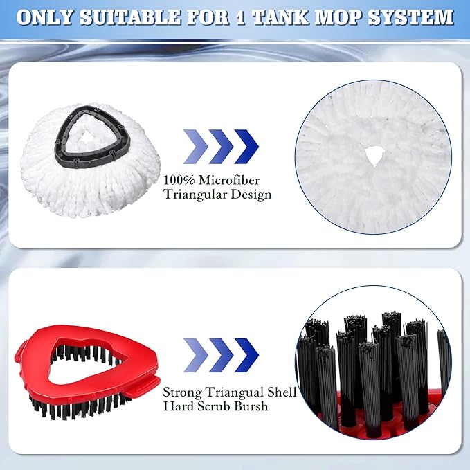 4 Pack Spin Mop Replacements Head Compatible with Oceda EasyWring 1-Tank System,Microfiber Spin Mop Refills Head,1 Mop Scrub Brush + 1 Mop Base + 4 Pack Cleaning Floor Mop Head（White)
