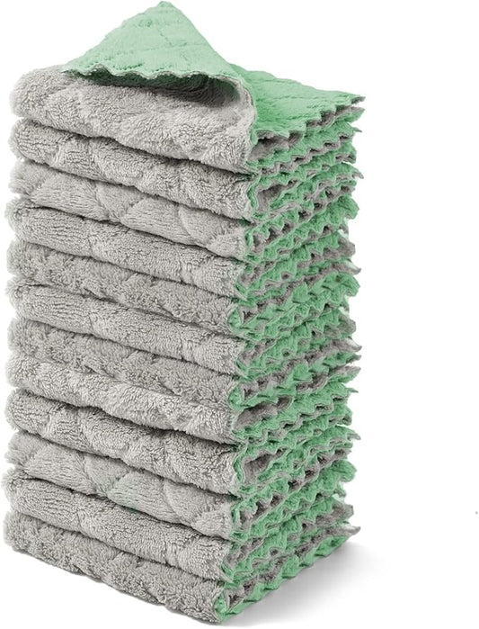 12 Pack Dish Towels, 10x10 in Premium Dish Cloths, Super Absorbent Kitchen Towels Coral Velvet Dishcloths Nonstick Oil Fast Drying Washcloths (Green-Grey)