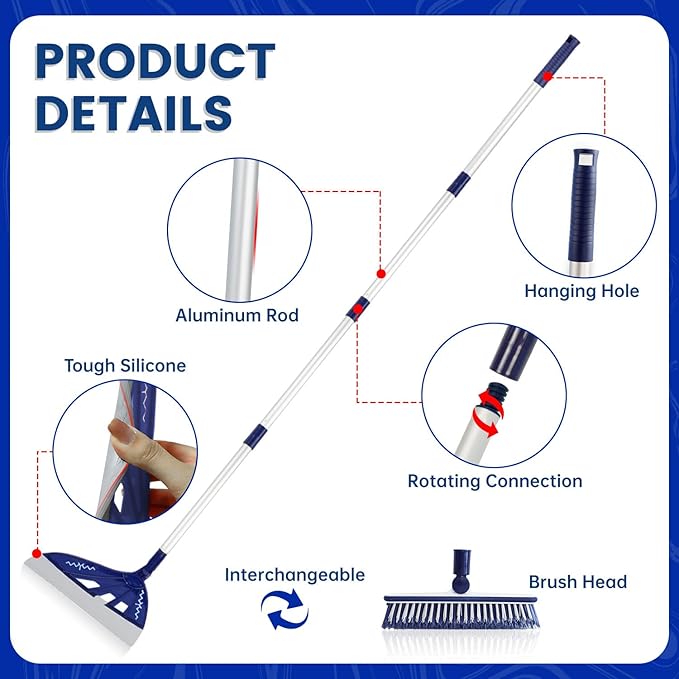 Magic Air Broom, Squeegee Broom for Floor Cleaning, 60’’ Multifunctional Floor Squeegee with Aluminum Adjustable Handle, Magic Broom for Glass, Fine Dust, Pet Hair, Liquids (Ocean Blue)