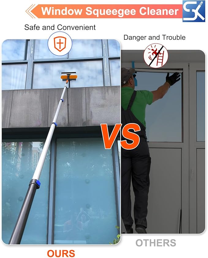 SKGPOLE 26FT Reach Window Squeegee for Window Cleaning Kit with 5-20 Foot Telescoping Extension Pole, 2 in 1 Window Squeegee, Cobweb Duster, Dust Kit Window Washing Kit for Car, Shower Glass Door