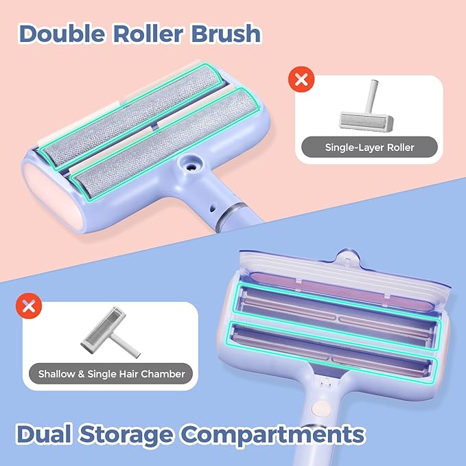 Pet Hair Remover, Pet Hair Removal Tool, Reusable Lint Roller with Double Roller,Cat and Dog Hair Remover for Furniture, Couch, Carpet, Car, Dual Trapping compartments with Spray Function