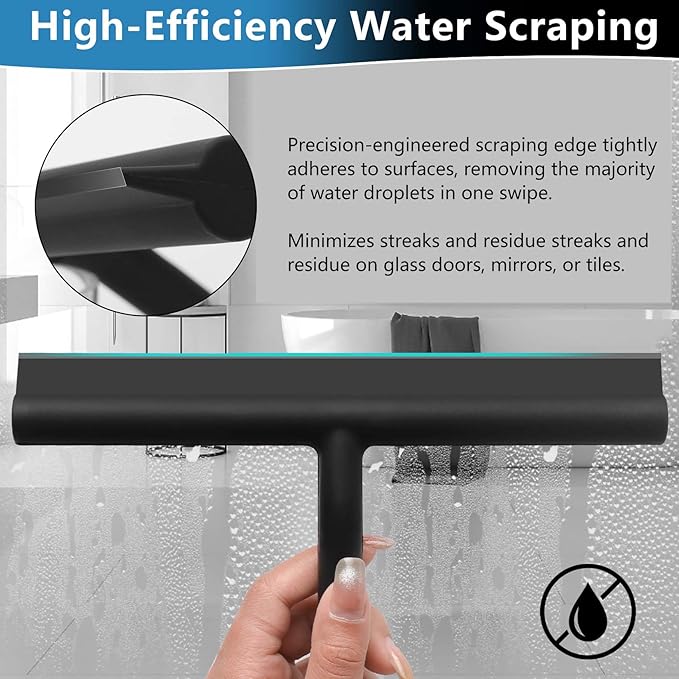 DEOFUXT Shower Squeegee for Glass Doors, Full Silicone Jacketed Squeegee with Ergonomic Handle & No-Drill Hook, Cleaning Tool for Windows, Mirrors, Tiles, Bathroom & Car - Black
