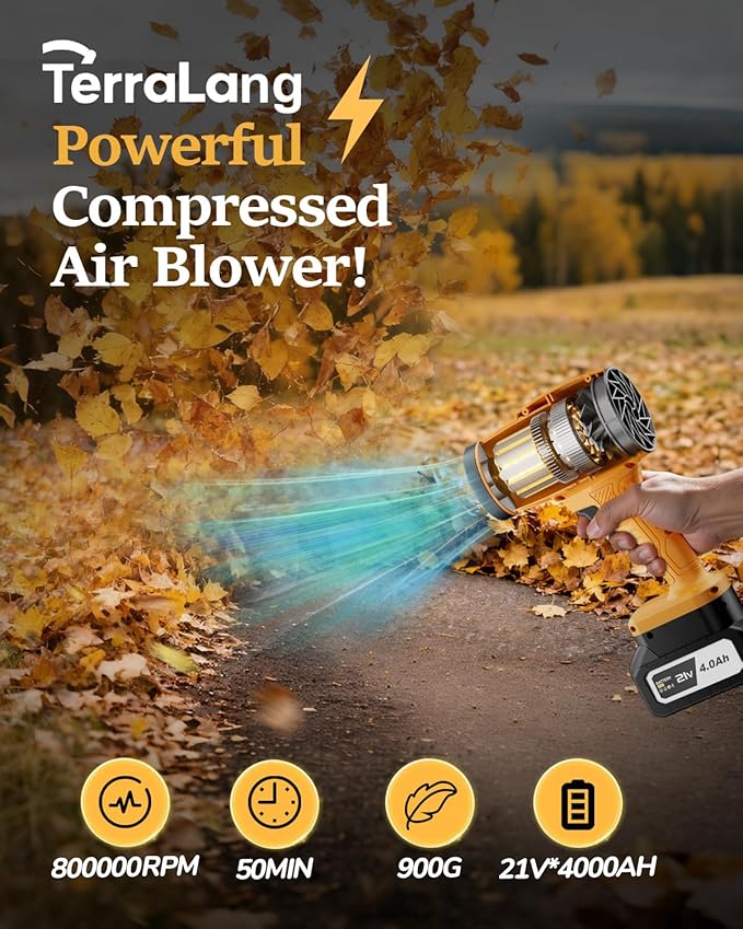 TerraLang Electric Leaf Blower Cordless,800000RPM Adjustable Gear Handheld Leaf Blower with 2 * 4.0Ah Batteries and Charger Included.Power blowers for Lawn Debris.