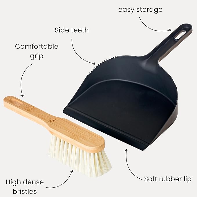 Vigar Vintage Mini Bamboo Broom with Dustpan Combo Set, Small Dust Pan and Brush Set for Dust, Pet Hair, Car, and Crumb, House, Kitchen Broom, Black