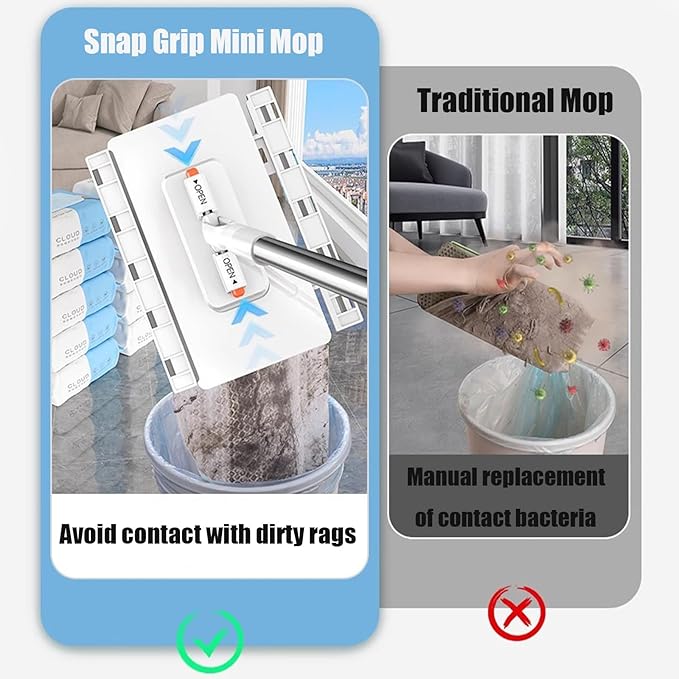 Snap Grip Mini Mop, Retractable Gap Dust Cleaner Flat Mops with Locking Head & Sweeping Cloths, 360 Rotating Head, Includes 10 Cleaning Cloths for Kitchen (1set Mop+ 10 Cloths)