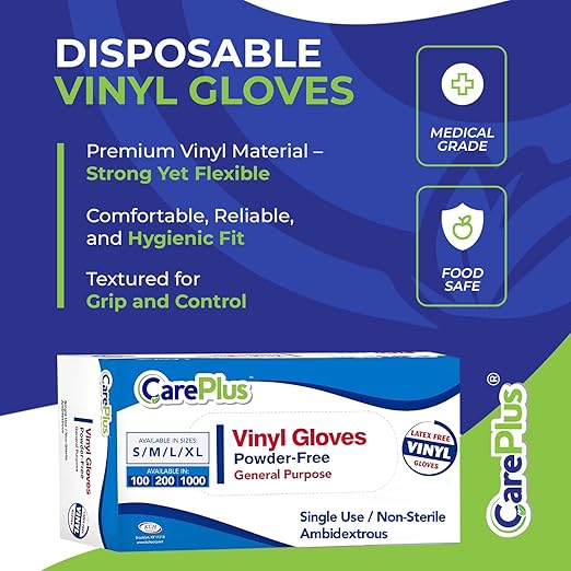 CARE PLUS Vinyl Gloves Clear Small Size 100 Count | Heavy Duty, Non-Sterile, Powder-Free, Latex-Free Rubber | Food Prep, Kitchen & Cleaning Gloves, Ideal for Professional Use