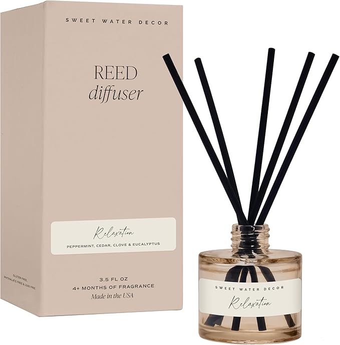 Sweet Water Decor Relaxation Reed Diffuser – Room Decor Aesthetic with Long-Lasting Premium Fragrance of Eucalyptus, Cedar, Patchouli, Vanilla 4 Months – Ideal for Aromatherapy and Home Decor