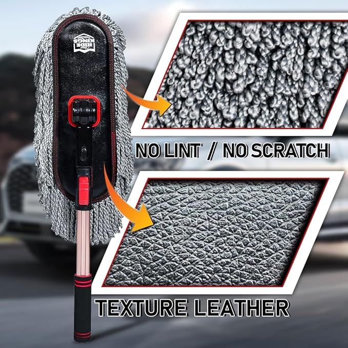RIDE KINGS Car Duster Exterior Scratch Free with Extendable Handle, Microfiber Car Cleaning Brush for Dust Removal + Small Detailing Brush for Interior Care