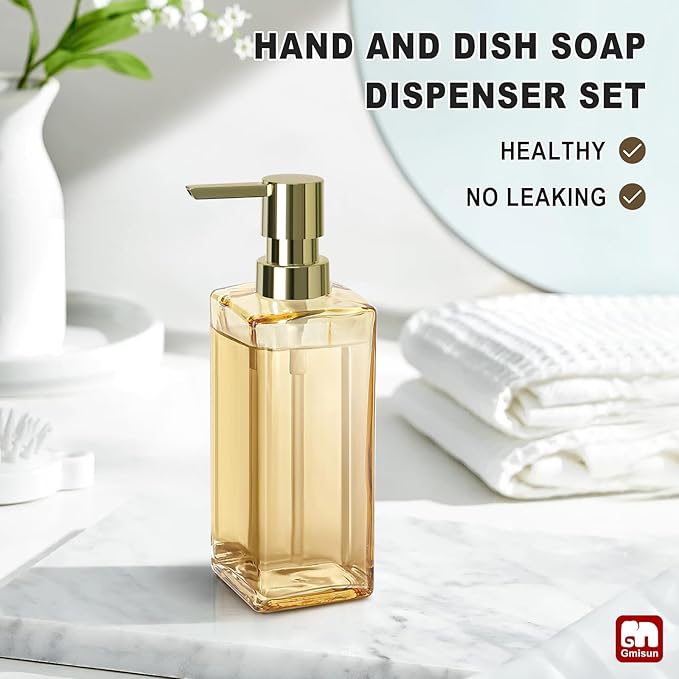 GMISUN Gold Soap Dispenser, Hand Glass Soap Dispenser with Pump, for Bathroom, 12 fl oz/350ml Refillable Dish Dispenser for Kitchen, Modern Liquid Soap and Lotion Bottles for Bathroom Countertop