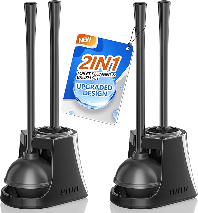 Toilet Plunger and Brush, 2 Pack Bowl Brush and Heavy Duty Toilet Plunger Set with Ventilated Holder, 2-in-1 Toilet Brush and Plunger Combo for Bathroom Cleaning (Black)