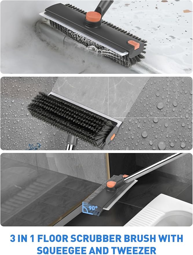 Floor Scrub Brush with Long Handle,3 in 1 Multi-Angle Heavy Duty Stiff Bristle Scrubber with Squeegee and Tweezer,Shower Brush for Cleaning Shower Bathroom,Patio,Garage, Kitchen,Deck and Wall