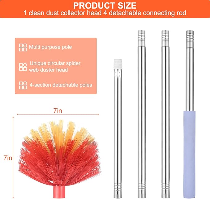 TOXYMHO Cobweb Duster with Extension Pole, 59" Adjustable Stainless Steel Pole, Washable Duster with Medium-Stiff Bristles for Ceiling Fan, High Ceilings, Blinds, Furniture, Kitchen, and Home Cleaning