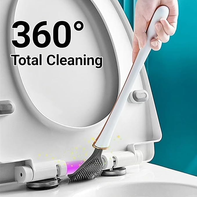 Flexible Silicone Toilet Brush and Holder Set Wall Mounted, Auto Closing TPR Brush Head for Deep Cleaning, Space Saving Bathroom Essentials with Adhesive Mounts (No Drilling) (1, White Milk)