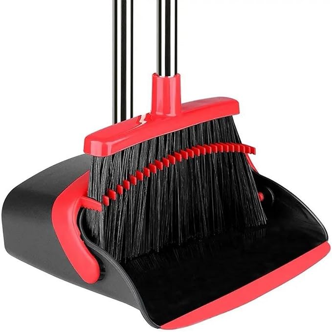 KARMNEEV Standing Broom and Dustpan Set, Built-in Scraper Teeth, No-Slip Grip, Dust Collection Tray for Home, Office, Lobby, and Outdoor, Adjustable Handle from 38.18" to 52" (Black and Red)