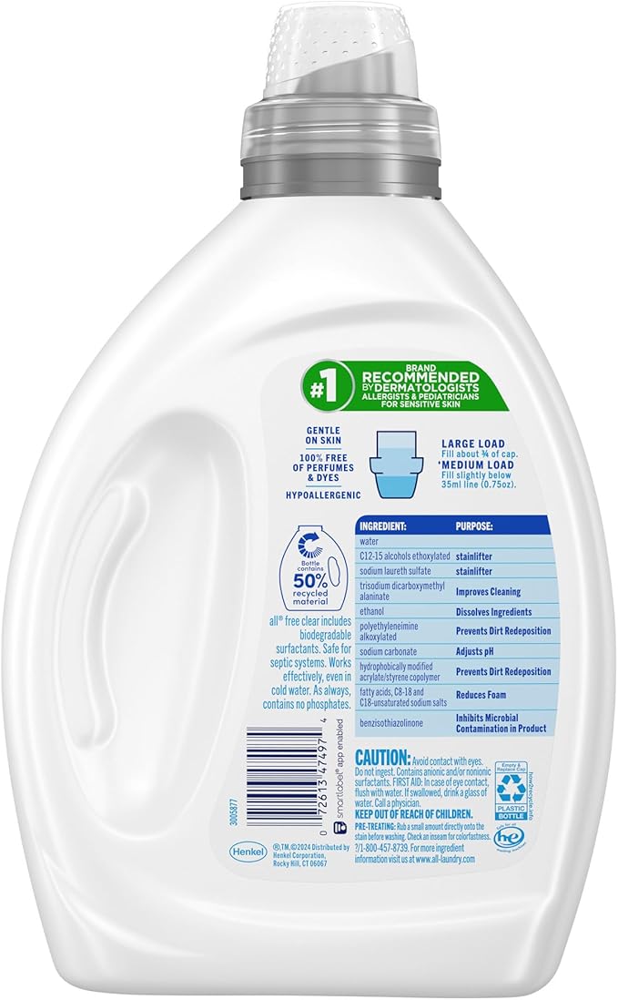 all free clear, Original, Liquid Laundry Detergent for Sensitive Skin, Unscented and Hypoallergenic, Concentrated