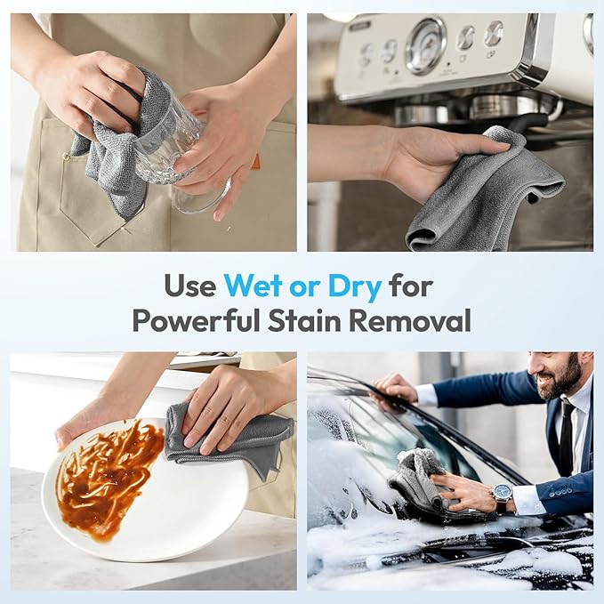 Microfiber Cleaning Cloths 12”x12” 12Pack Grey Lint Free Kitchen Cloths - Extra Thick, Streak-Free, Lint-Free, Fast Absorbent - Reusable Multi-Purpose Housekeeping Rags for Cars, Dishes, Floors, Tiles