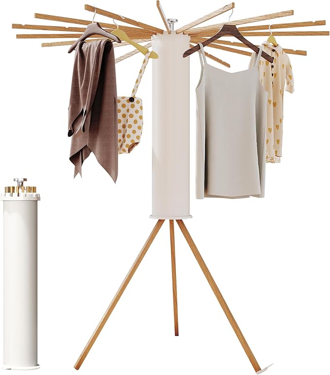 Tripod Clothes Drying Rack Foldable,Floor Standing Drying Rack Clothing,(16 Wood Poles),Laundry Drying Rack,Clothes Hanger Rack,Laundry Rack Folding,Collapsible,Retractable