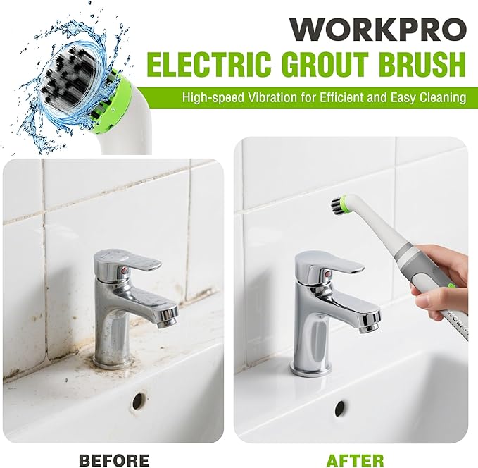 WORKPRO Cordless Grout Brush Set, 5500RPM Power Scrubber, IPX6 Waterproof Electric Scrubber with Type-C Charging Cable and Replaceable Brush Heads for Cleaning Grout, Tiles, Grime, and Crevices