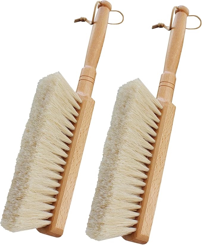 Horsehair Hand Brush Soft Bristles Oiled Beech Wood Handle Coat Brush 12 Inch Long (2pcs White Horsehair)