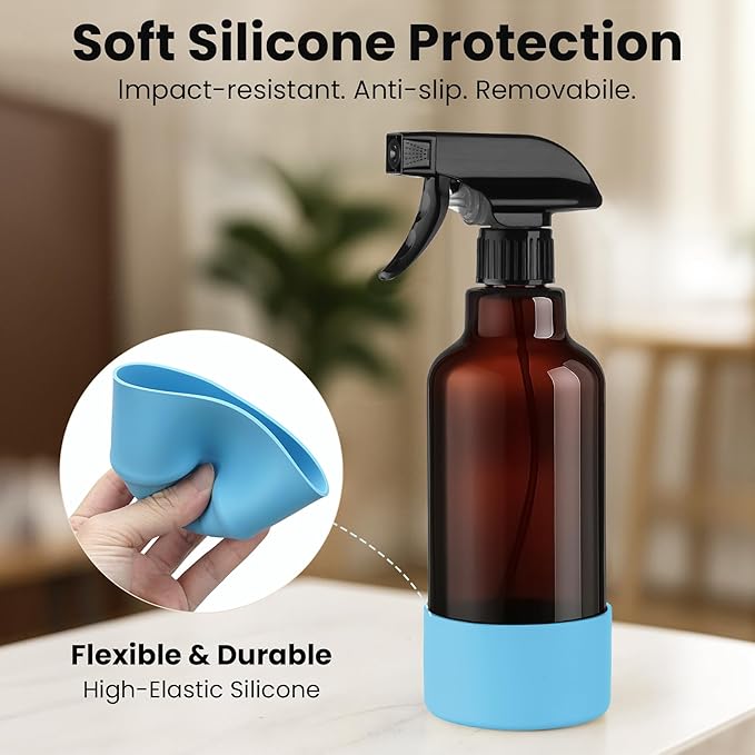 Glass Spray Bottles with Silicone Sleeve 16.9oz 2 Pack Empty Spray Bottle for Hair Mist/Stream Spraying for Cleaning Solutions, Plants, Essential Oils (Brown-sblue&black)