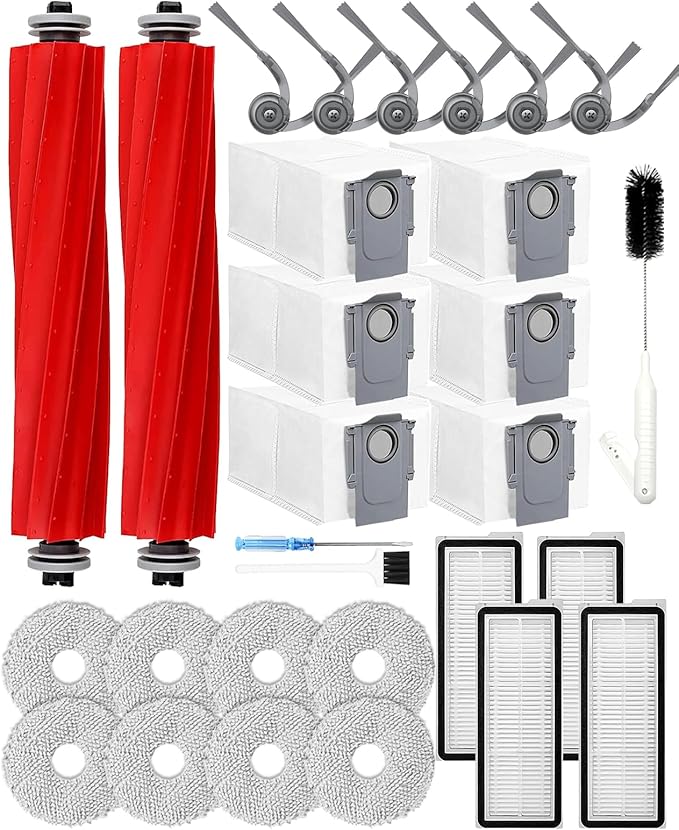 Yivy QV35A 29PCS Replacement for Roborock QV 35A/QV 35S/QR 598/QR 798 Robot Vacuum Cleaner.2 Main Brushes 6 Dust Bags 4 HEPA Filters 6 Side Brushes 8 Mop Pads 1 Tank Brush 1 Brush 1 Screwdriver