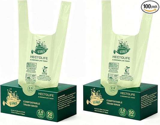 HECTOLIFE 2.6 Gallon 100 Count,Compostable Bags Handle Tie,Tear Resistant Kitchen Food Scrap Waste Bag, ASTM D6400, US BPI and Europe OK Compost Home Certified