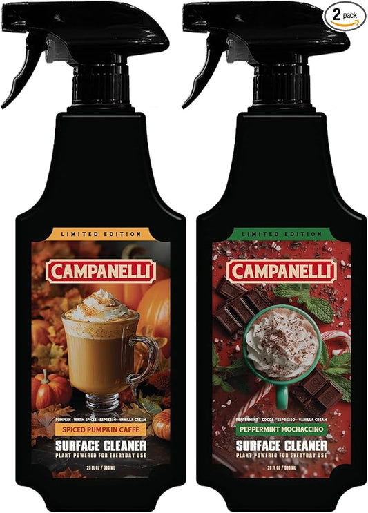CAMPANELLI Plant-Powered Surface Cleaner Bundle – 2 Pack Luxury Fragrance-First Cleaners for Kitchen & Home – Non-Toxic, Eco-Friendly – Spiced Pumpkin Caffè + Peppermint Mochaccino, 20 oz Each