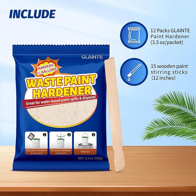 GLAINTE Waste Away Paint Hardener 12 Packs, 3.5oz - Fast Acting Solid Hardener - Drying Powder for Water-based Paint with 15 Pcs Wooden Stir Sticks
