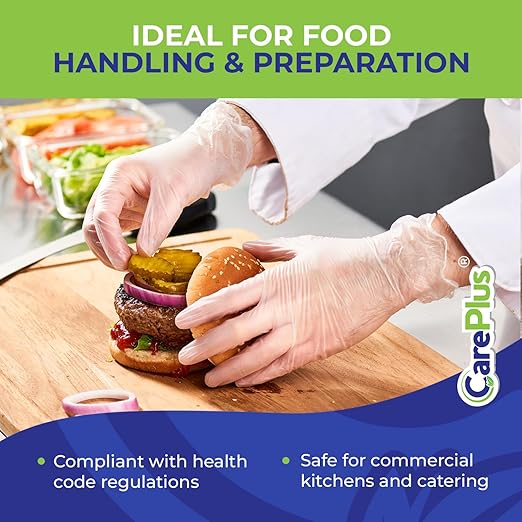 CARE PLUS Vinyl Gloves Clear Small Size 100 Count | Heavy Duty, Non-Sterile, Powder-Free, Latex-Free Rubber | Food Prep, Kitchen & Cleaning Gloves, Ideal for Professional Use